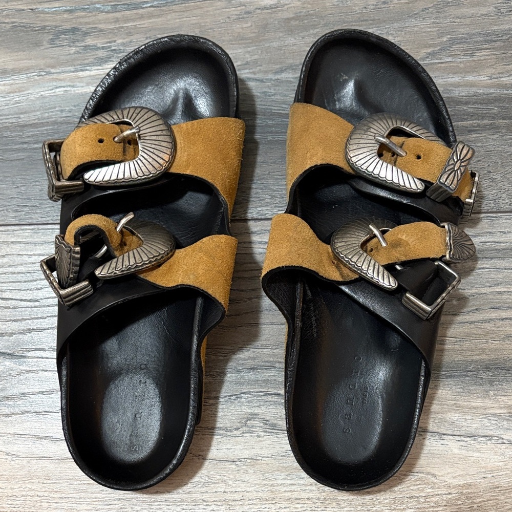 Sandro Paris Leather Suede Black and Tan Sandals with Silver Buckles 9/40